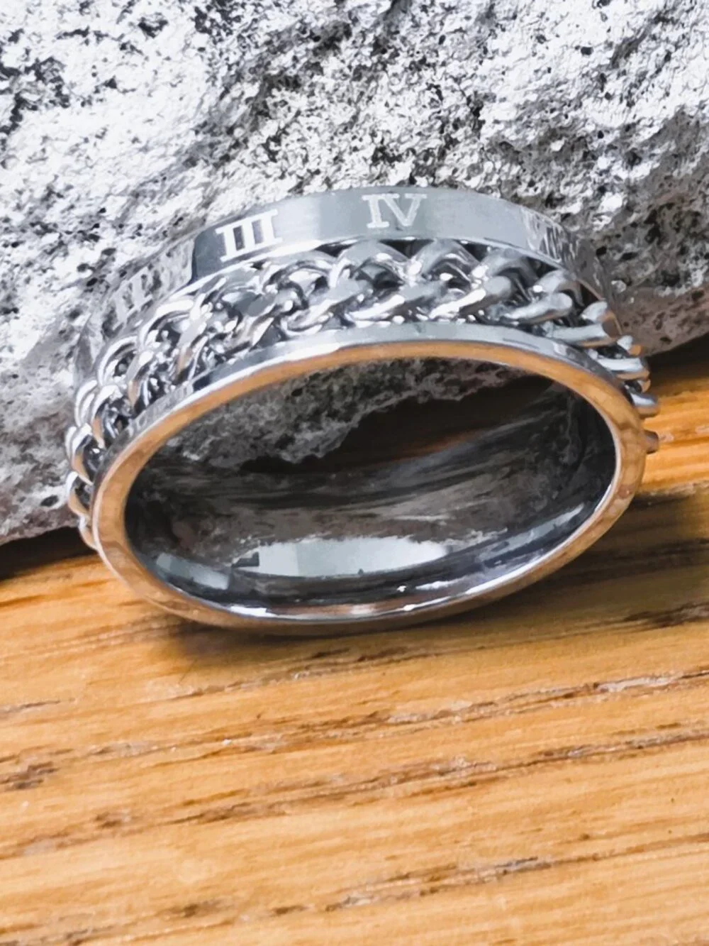 NEW! Stainless Steel Spinner Ring w/Braided Chain Fidget Band & Roman Numerals